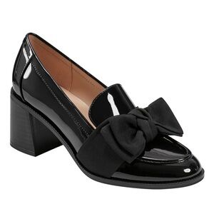 Bandolino Glossy Black Loafers with Bow Accent